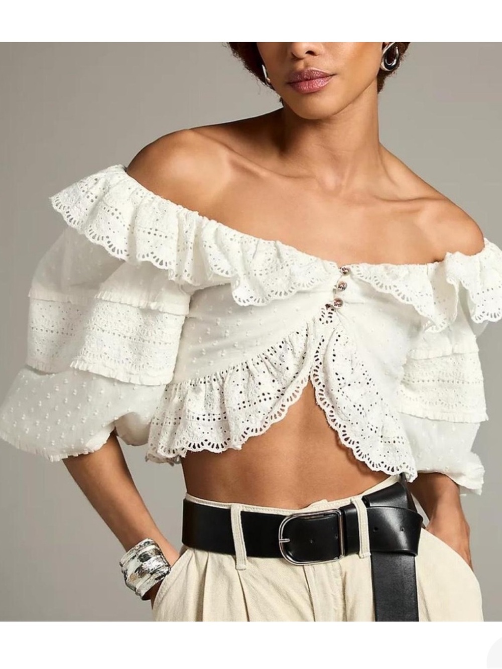 Farm Rio Off-Shoulder White Eyelet Ruffle Crop Top